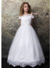 Beaded White Lace Tulle Flower Girl Dress With Scalloped Edge